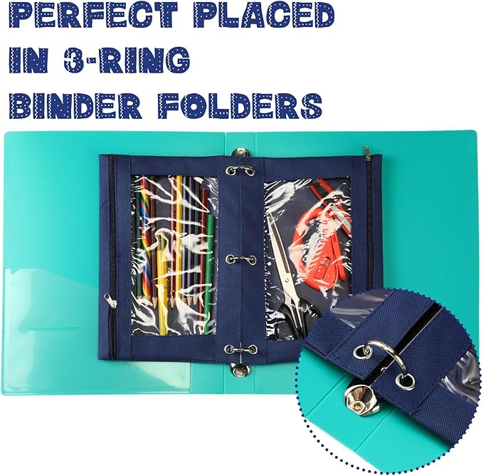 Marspark 30 Packs Pencil Pouch 3 Ring Binder Pen Pouch Cloth Pencil Pouches Zipper Pen Case Bag with Clear Window for School Office Writing Supplies Gifts(Navy Blue)