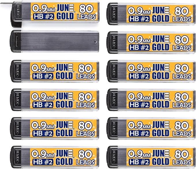 June Gold 960 Pieces, 0.9 mm HB #2 Lead Refills, 12 Dispensers, 80 Pieces Per Dispenser, Bold Thickness, Break Resistant Lead/Graphite