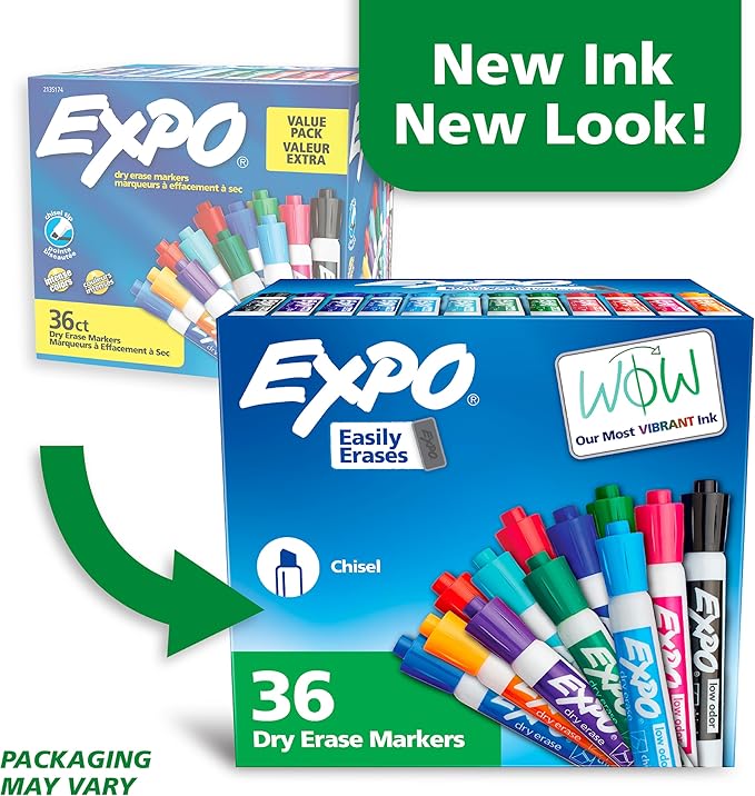 EXPO Dry Erase Markers, Chisel Tip, Assorted Fashion Colors | Low Odor | For Classroom, Office & Home | 36 Count, Pack of 6