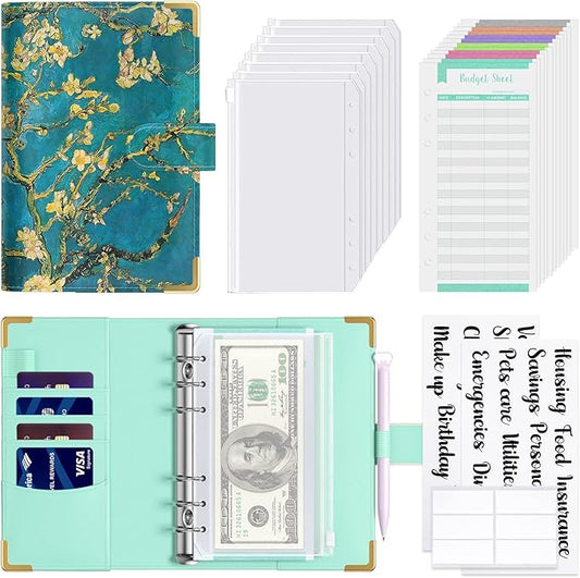 Rnivvi Budget Binder with Zipper Envelopes, A6 Money Saving Binder Cash Envelopes for Budgeting, PU Leather Planner Money Organizer for Cash Bills, Cute Floral System Wallet for Women, Blue Flower