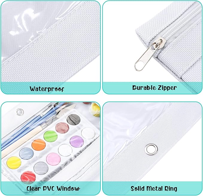 Marspark 30 Packs Pencil Pouch 3 Ring Binder Pen Pouch Cloth Pencil Pouches Zipper Pen Case Bag with Clear Window for School Office Writing Supplies Gifts (White)