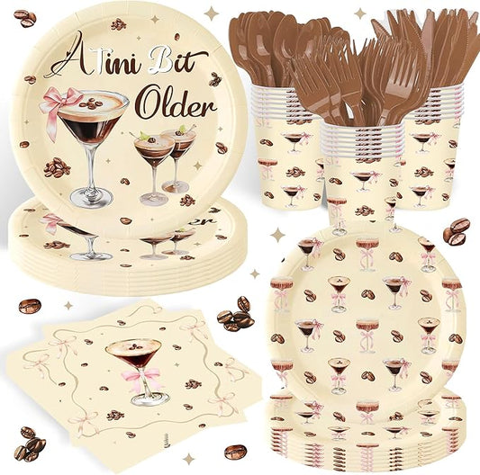 140 Pcs a Tini Bit Older Birthday Party Supplies Bow Decorations Espresso Martini Paper Plates Napkins Cups Knives Forks and Spoons ，Dinnerware for Birthday Wedding Decoration Serves 20