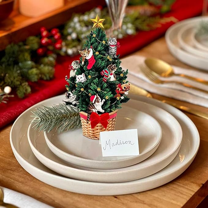 Freshcut Paper Pop Up Cards, Mini Meowy Christmas, 6 Inch Mini Sized Forever Flower Bouquet 3D Popup Greeting Cards, Christmas Card, Holiday Card, Blank Notecard & Envelope