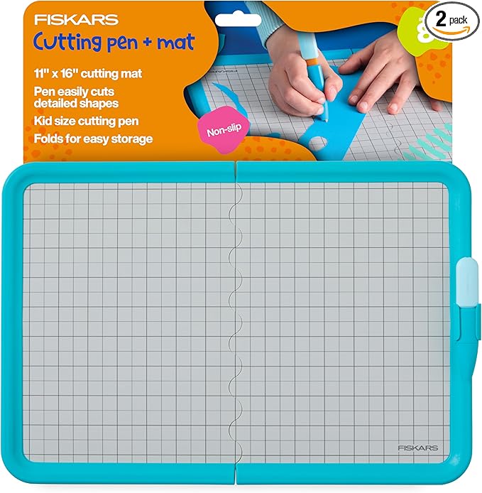 Fiskars Kids Cutting Pen and Mat – Safe Precision Cutting Tool with Foldable Non-Slip Mat for Crafting and School Projects