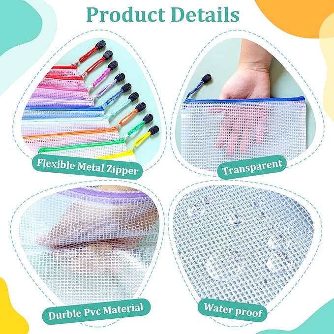 24pcs Mesh Bags With Zipper, A4 Zippered Pouch, Clear Pouches With Zipper, 8 Colors Mesh Bags, Plastic Bag, Letter Size Organization Pouches for Office, File, Toys, School