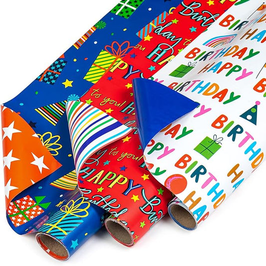 WRAPAHOLIC Reversible Birthday Wrapping Paper - 3 Mini Rolls - 17 Inch X 120 Inch Per Roll - Happy Lettering and Gift Box for Kid's Birthday, Baby Shower