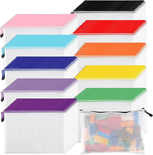 EOOUT 100pcs Mesh Zipper Pouch, A4 Size, 10 Colors Zipper Bags for Organizing Storage, Waterproof Puzzle Bag, Zipper File Bags for Board Games and School Office Supplies