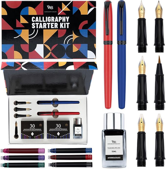 Wordsworth and Black Calligraphy Pen Set - Blue - Includes 2 Calligraphy Pens, 18 ML Ink Bottle, 60 Ink Cartridges, Ink Refill Converter, 1 Medium and 4 Broad Nibs, Brush Pen