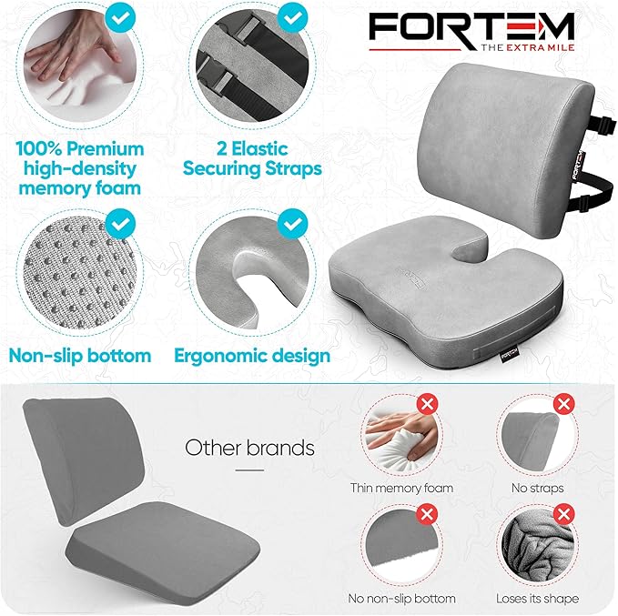 FORTEM Seat Cushion, Office Chair Cushion, Lumbar Support Pillow for Office Chair, Memory Foam Sciatica Coccyx Tailbone Pressure Pain Relief, Car Sitting Pad, Washable Non Slip, XL