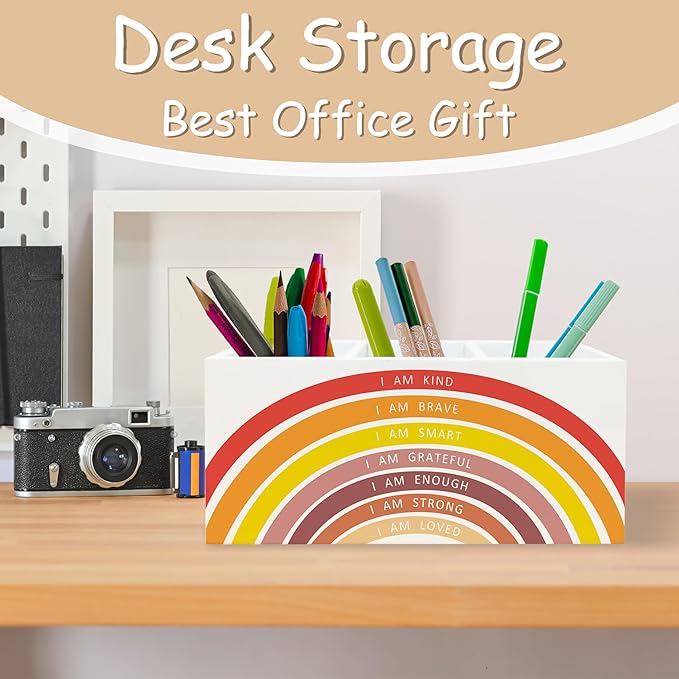 Red Boho Rainbow Positive Affirmations Pen Pencil Holder for School Classroom Office Desk, Book Center Calming Corner Playroom Decor, Inspirational Makeup Brush Toothbrush Holder Organizer