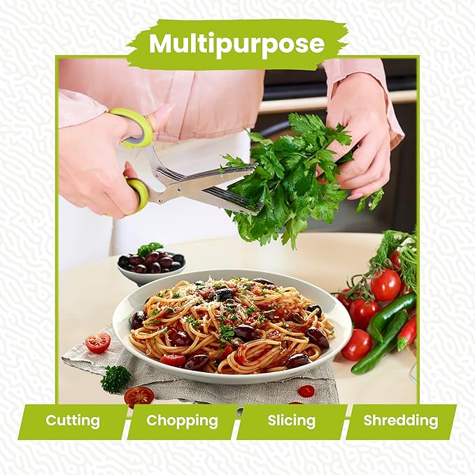 5-Blade Stainless Steel Herb Scissors Set with Vegetable Peeler, Shredder & Cleaning Comb – Multi-Use Herb Stripper for Chopping, Slicing, Shredding Kale and Fresh Herbs