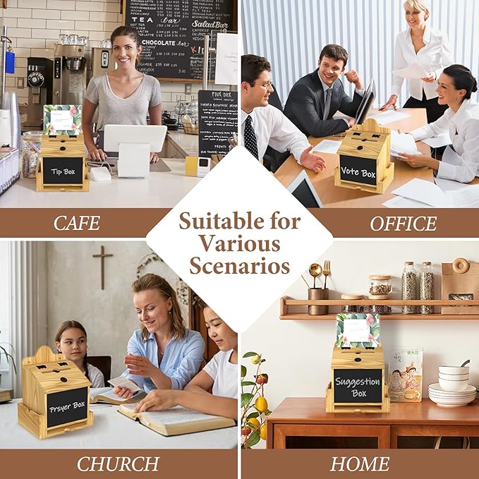 Suggestion Box With 50 Cards, Wooden Prayer Boxes Donation Box with Acrylic Sign Holder and Tools, Mutilple-use for Tip, Savings,Ballot. Home Wall Mounted Cash Boxes Letter Box with Lock