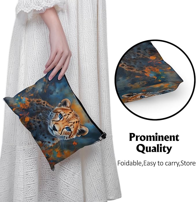 Cafl Cheetah Cub Blue Eyes Makeup Bag for Women Large Capacity Make Up Bag Portable Travel Cosmetic Bag Toiletry Pouch Organizer 10 * 8inch