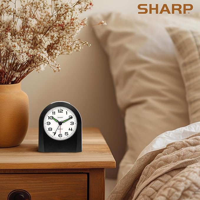 Sharp Small Battery Operated Analog Alarm Clock Silent No Ticking, Lighted on Demand and Snooze, Beep Sounds, Gentle Wake, Ascending Alarm