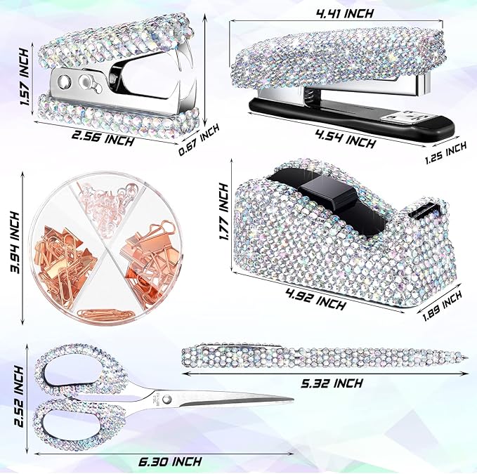 Demissle 6 Pcs Bling Office Desk Accessories Set Crystal School Stationery Kit Scissor Stapler with Staple, Tape Dispenser, Diamond Pen, Staple Remover, Binder Clip, Paper Clip, Push Pins(White)