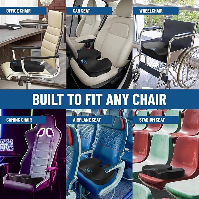 Everlasting Comfort Doctor Recommended Memory Foam Seat Cushion for Office Chairs & Car - Ergonomic Office Desk Accessories - Cushions for Tailbone Pain Relief, Sciatica (Black Ventilated, Large)