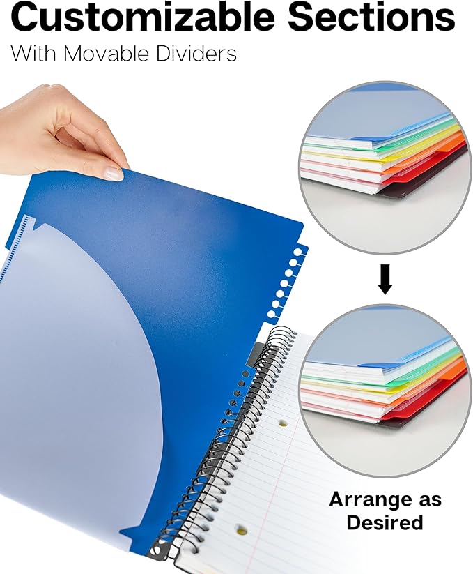 Dunwell 5-Subject Notebook, College Ruled, Colorful Movable Pocket Dividers with Tabs, Front/Back Plastic Covers, 200 Sheets (400 Pages) of 3-Hole Punch Perforated 8.5x11 Paper