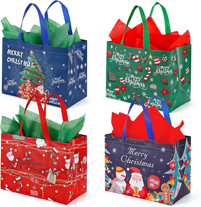 YANGTE 12 Pack 13" Large Christmas Gift Bags with Tissue Paper, Reusable Non-Woven Christmas Bag with Handles for Presents Wrapping, Shopping Xmas Party Supplies