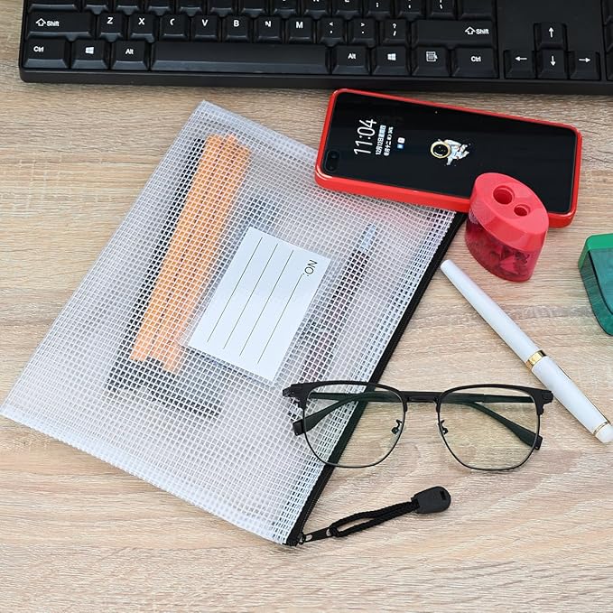 AUSTARK Plastic Mesh Zipper Pouch, 12Pcs Zipper File Bags with Label Pocket, A5 Size 9.2x6.7in, White