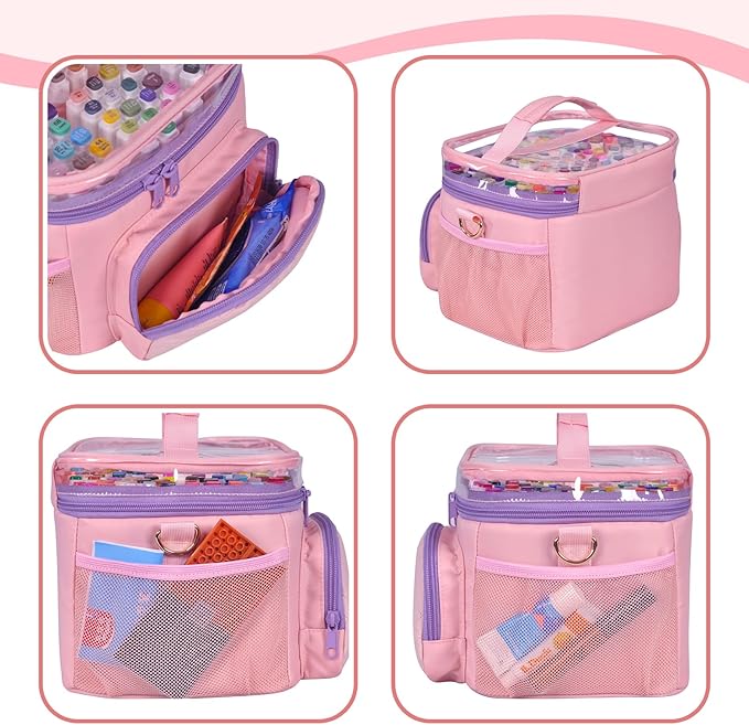 Professional Marker Organizer Case for 120 Markers, Portable Travel Art Supply Marker Storage Carry Bag with Dividers and Shoulder Strap (Pink)