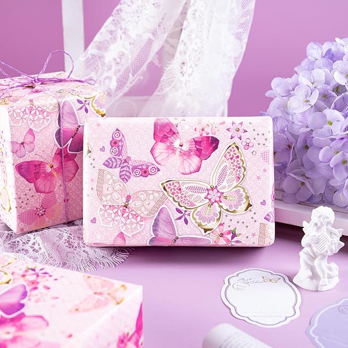 WRAPAHOLIC Pink Butterfly Wrapping Paper Roll - Mini Roll - 17 Inch x 9.8 Feet - Fantasy Butterfly Design, Perfect for Birthday, Wedding, Bridal Shower