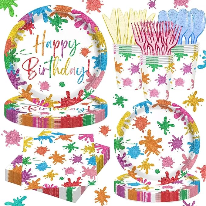 140PCS Paint Splatter Party Decorations, Painting Party Tableware Set Plates,Napkins,Cups for Art Painting Party Supplies Birthday Baby Shower Decorations