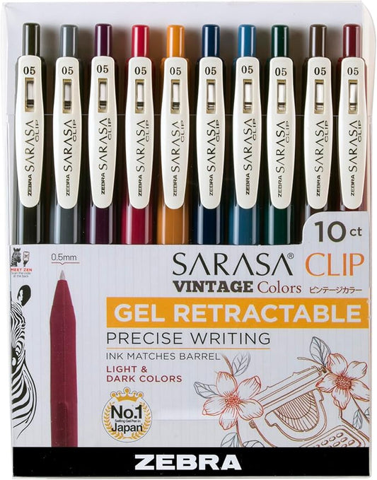 Zebra Pen Sarasa Clip Retractable Gel Pen, 0.5mm Fine Point, Light and Dark Assorted Colors, Ideal for School Supplies and Teacher Supplies, 10-Pack (47510)