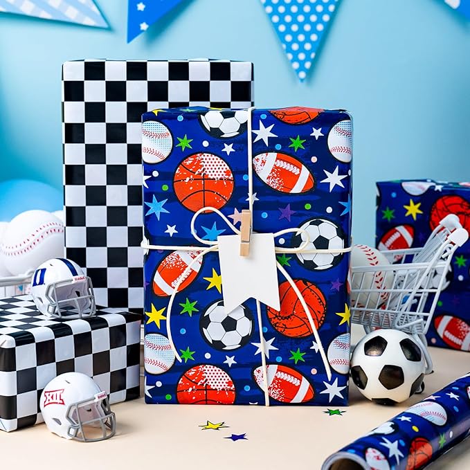 Yarcony Baseball Wrapping Paper Roll, Blue Wrapping Paper for Boys Birthday, Reversible Basketball, Football, Hockey Soccer & Checkered Flag Sports Themed Gift Wrap for Sports Fan(17 In X 16.5 Ft)