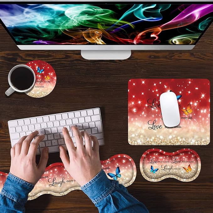 Ergonomic Keyboard Wrist Rest and Mouse Pad Wrist Rest Set with Coasters [4Pcs], Non-Slip Rubber Base for Home Office Working Studying Easy Typing & Pain Relief, Red Glitter Quote Live Laugh Love