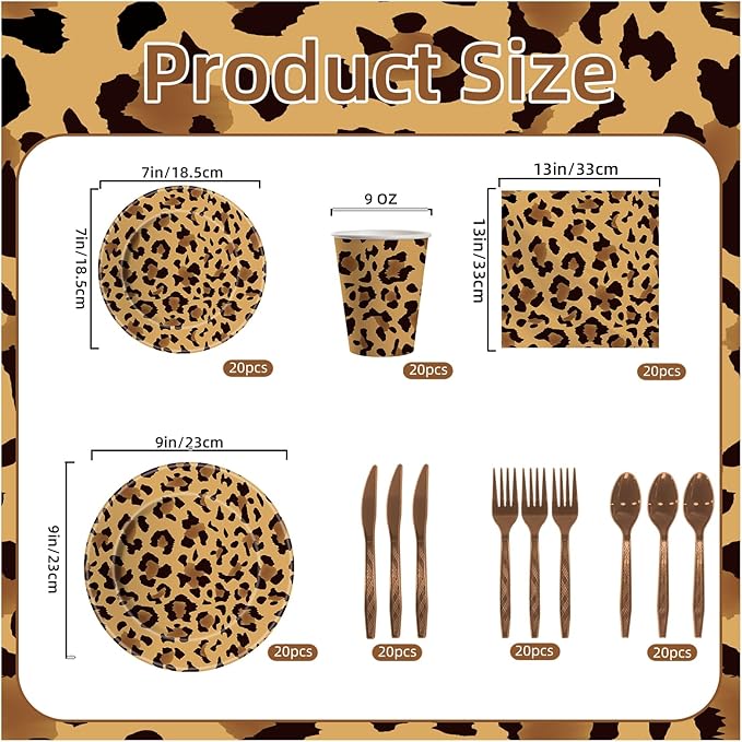 140PCS Leopard Print Party Decorations,Jungle Animal theme Decorations Include Tableware, Plate, Cup, Napkin, Cutlery, Animal Cheetah Print Birthday Party Supplies Serve 20