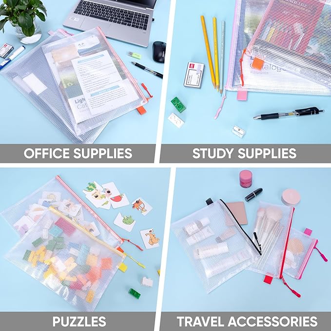 BALEINE 24PK Mesh Zipper Pouch Bags, Waterproof Clear Zipper Bags, Multiple Colors Plastic Mesh Bag File Bag for Organization, Suitable for Office Supplies, Home, Travel (24 PK, Multi 8 Sizes)