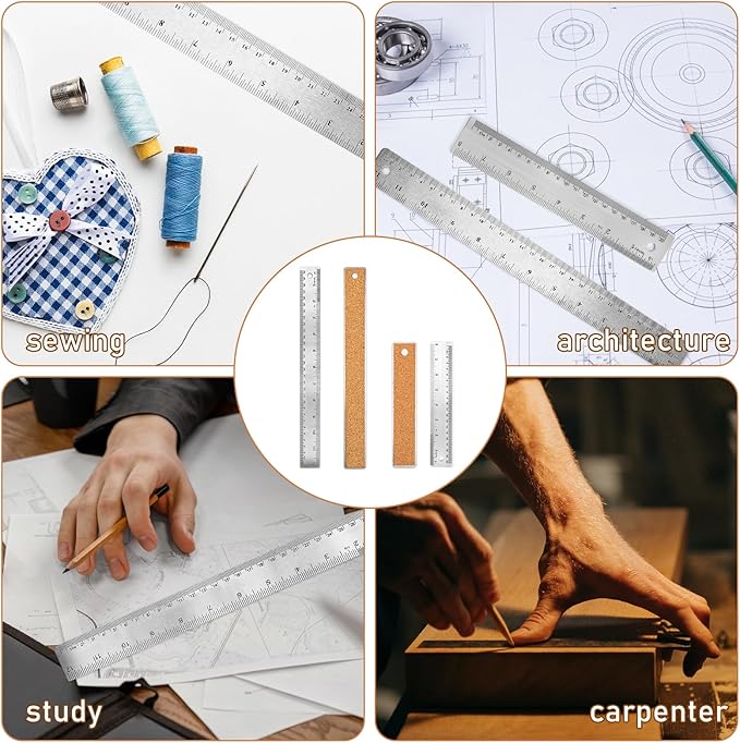 Stainless Steel Metal Ruler - 8 Inch & 12 Inch, Non-Slip, Cork Backed, Straight Edge, Inch & Centimeters for Students, School, Office, Drafting Tools