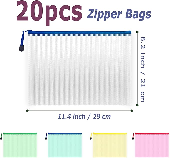 AUSTARK 20 Pcs Zipper File Bags, Plastic Mesh Pouch, Board Game Storage Bag, Waterproof Bags for Office School (B5 Size 11.4''x8.2'', Multicolored)