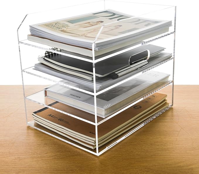 4 Tier Paper Organizer Letter Tray - Acrylic Tray Organizer for Desk, Paper Sorter Organizer for Letter/A4 Office File Folder Holder - Crystal-Clear File Organizer