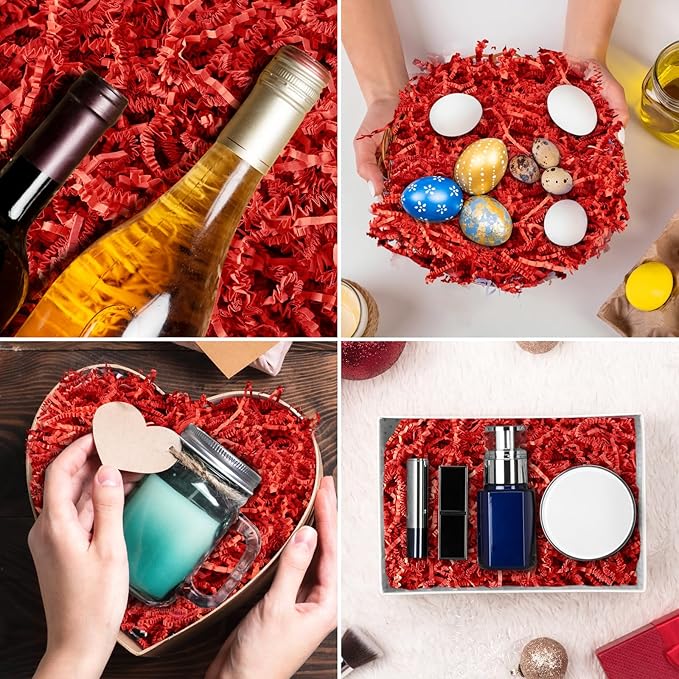 Darfukei Shredded Paper For Gift Baskets, Christmas 1/2LB (8 oz) Red Crinkle Paper Filler for New Year's gift Baskets Grass, Crinkle Cut Papers Shred For Birthdays, Weddings,Boxes Bags, Basket Filler ,Anniversaries,Gift Wrapping