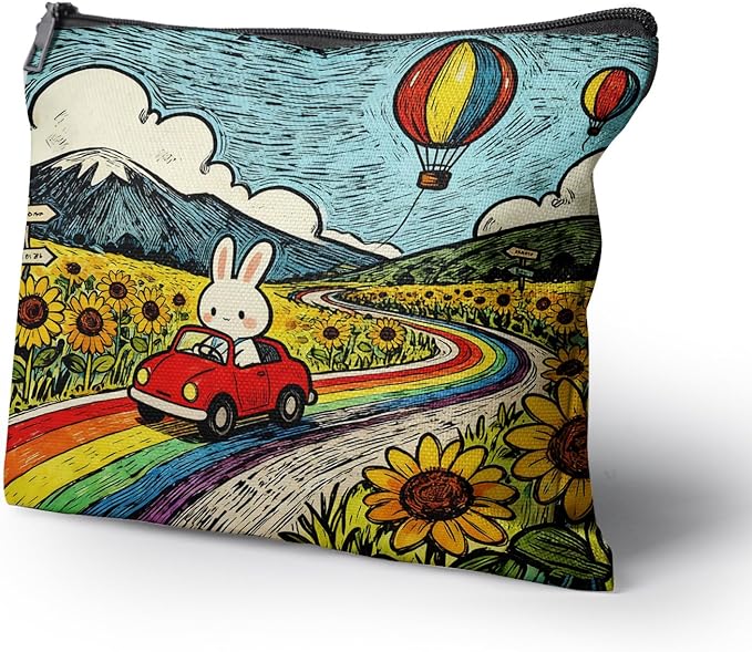 Cafl Rabbit Red Car Rainbow Makeup Bag Cartoon Bunny Cosmetic Bag for Women Large Capacity Make Up Bag Portable Travel Toiletry Pouch Organizer 10 * 8inch