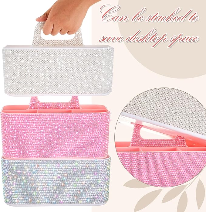 Marspark Bling Makeup Caddy Organizer with Handle, Sparkly Art Craft Holder, Glitter Bathroom Hair Caddy, Shimmer Pen Pencil Holder for Women Desk Organizer, Bling Gifts for Women(White,Pearl Diamond)