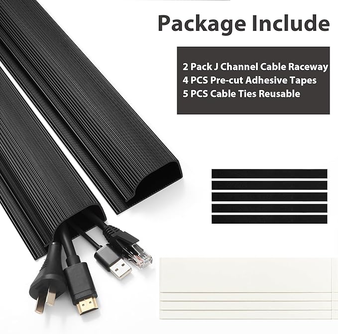 Cable Management Under Desk (31.5in J Channel 2x15.7in) Self Adhesive Cable Raceways Channel, Easy to Install Cord Cover Hider Desk Cord Organizer Electrical Black