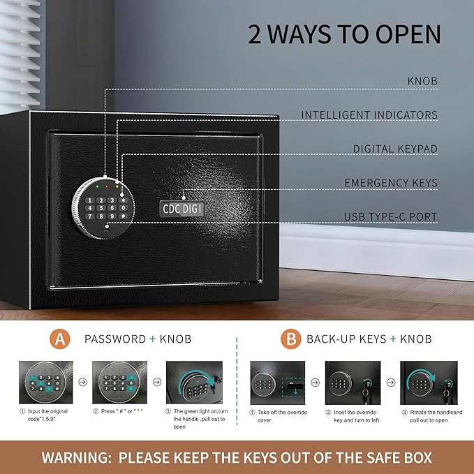 Safe,0.8 Cubic Feet Safe Box,Anti-Theft Digital Security Lock Box with Electronic Keypad and Key, Fire Proof Safes for Home Documents Firearm Medicine Money Valuables,13.8"W x 9.8"D x 9.8"H