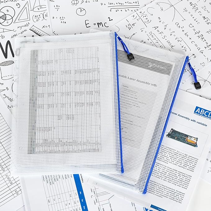 AUSTARK 20 Pcs Zipper File Bags, Plastic Mesh Pouch, Board Game Storage Bag, Waterproof Bags for Office School (A4 Size 13.4''x9.4'', White and Blue)