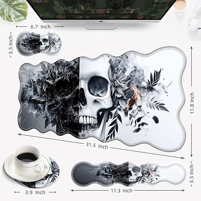 Desk Mat, Mouse Pad with Wrist Rest, 4-in-1 Large Mouse Pads for Desk, Ergonomic Mouse Pad and Keyboard Wrist Rest Gaming Keyboard Mat for Office,Funny Skull