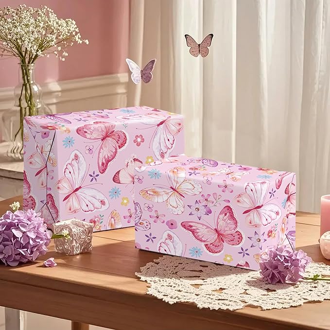 WRAPAHOLIC Pink Butterfly Wrapping Paper Roll - Mini Roll - 17 Inch x 33 Feet - Fantasy Floral Butterfly Design, Perfect for Birthday, Wedding, Bridal Shower