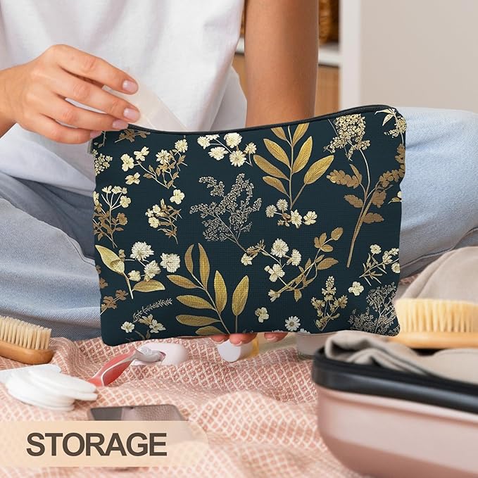 Vintage Boho Floral Makeup Bag, Dark Moody Wildflowers Floral Cosmetic Bags for Women, Dark Cottagecore Botanical Plant Zipper Makeup Pouch