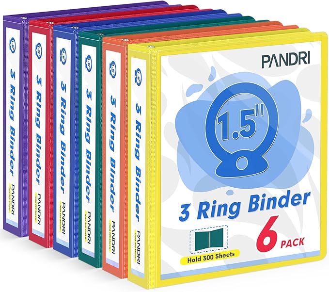 3 Ring Binder 1.5 Inch, PANDRI 6 Pack 1.5-Inch Binder Fits Letter Size 8.5'' x 11'' Paper, Versatile Binders for Office Home School, 2 Pockets, Assorted 6 Color