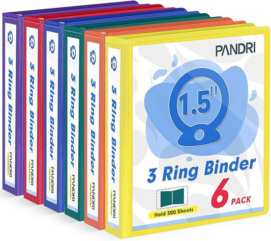 3 Ring Binder 1.5 Inch, PANDRI 6 Pack 1.5-Inch Binder Fits Letter Size 8.5'' x 11'' Paper, Versatile Binders for Office Home School, 2 Pockets, Assorted 6 Color