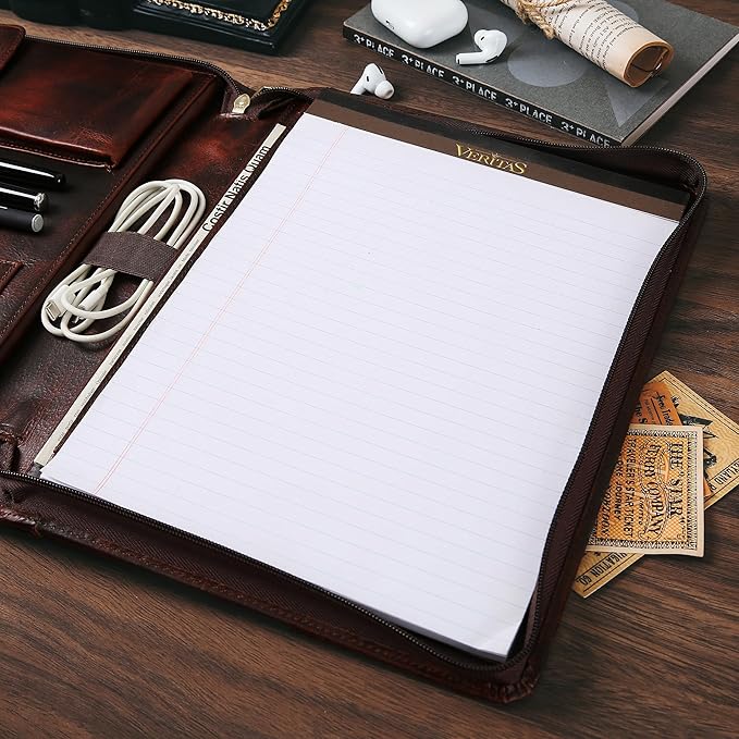 Genuine Leather Padfolio Organizer，Professional Business Portfolio Padfolio Folder with Zipper for Men and Women，13×10 inch Customized Leather Padfolio——Reddish-Brown