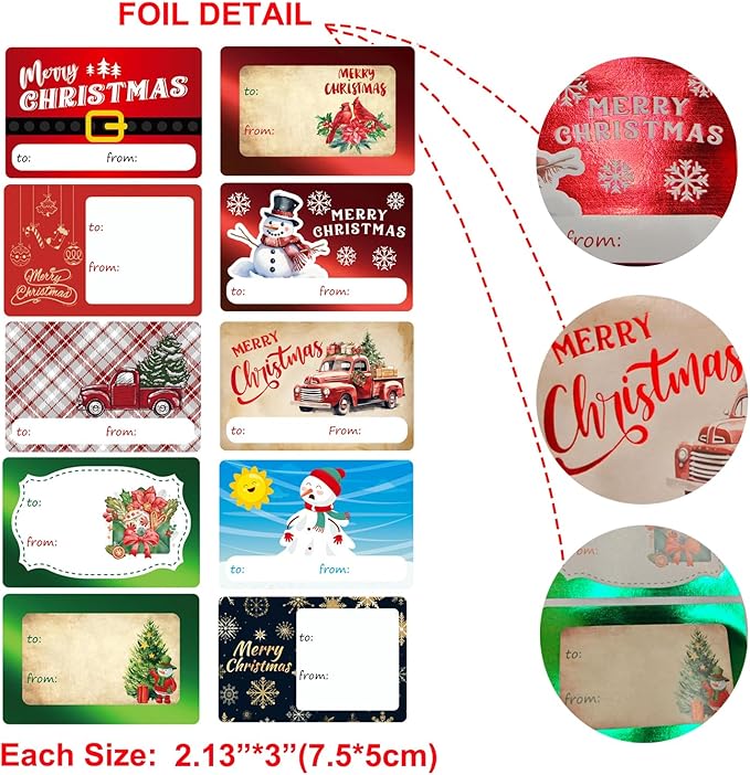 Large Foil Christmas Sticker Labels,Self Adhesive Gift Stickers Holiday Gift Name Decals for Present/Wrapping Paper Decorations(100 Count)