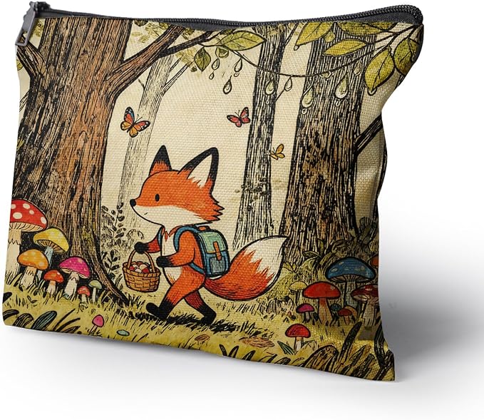 Cafl Fox Forest Mushrooms Makeup Bag Cartoon Cosmetic Bag for Women Large Capacity Make Up Bag Portable Travel Toiletry Pouch Organizer 10 * 8inch