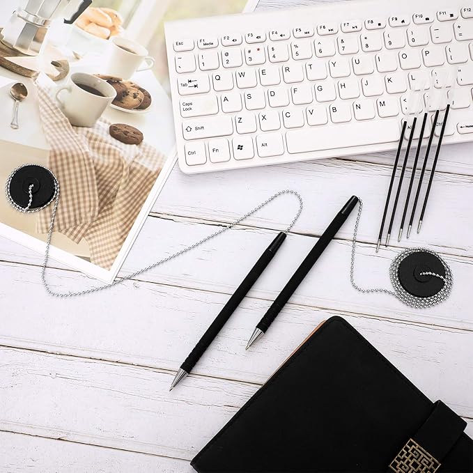 20 Pieces Security Pen Set with Bead Chain and Holder, Desktop Pens with Chains, Blank Ink Refills for Office Bank Supplies
