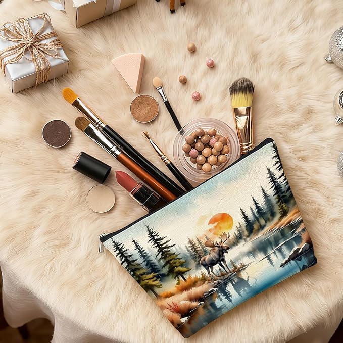 Forest Moose Makeup Bag, Gifts for Moose Lovers Cosmetic Bag for Women, Magical Forest Nature Landscape Small Toiletry Bags Zipper Makeup Pouch